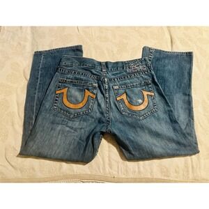 True Religion Section Bobby Row Seat 34 Denim Jeans Size 38 Mens Leather Emblem
